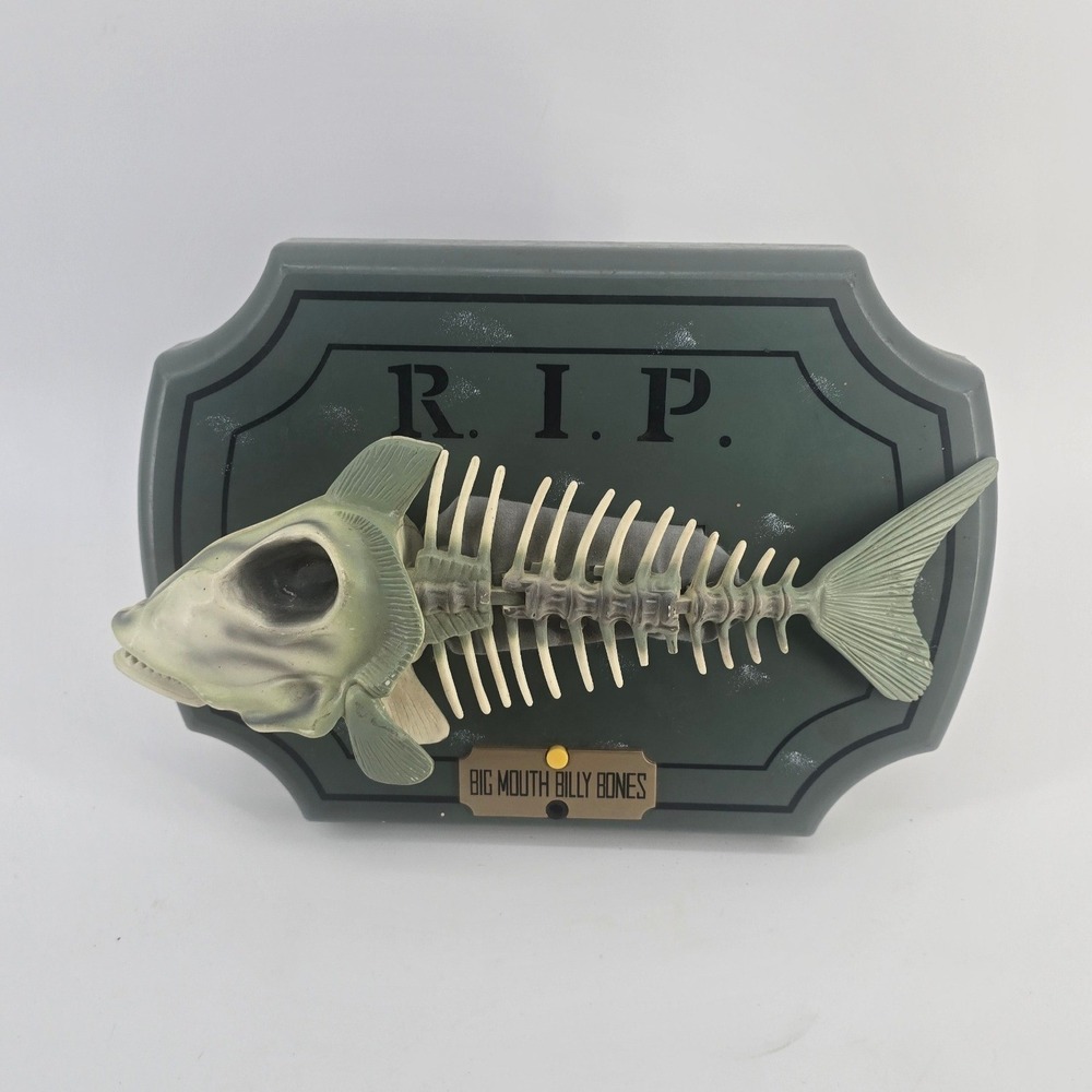 Gemmy Big Mouth Billy Bones Novelty Decor Green Skeleton Fish RIP
